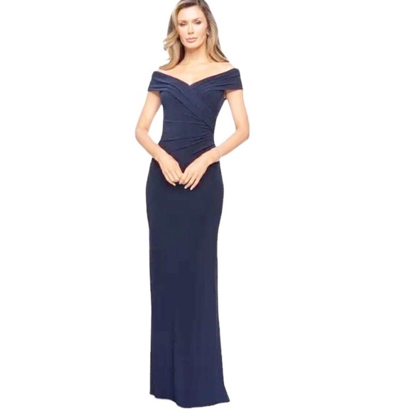 La Femme Off Shoulder Navy Blue Formal Gown - Picture 14 of 14